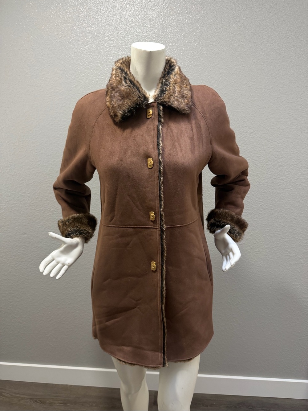 Talbots Brown Faux-Suede Trench Coat with Faux-Fur Trim
